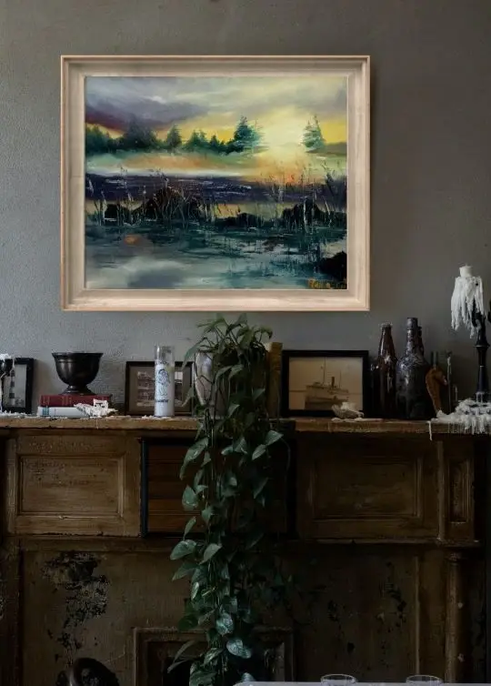The original oil painting titled "Last Ice, First Fog, Sunset" in the interior.