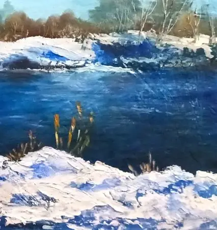 The fragment of a vibrant, textured landscape oil painting by Elena G. titled March in Ontario, featuring a bright blue flowing river, thick melting snow on the banks