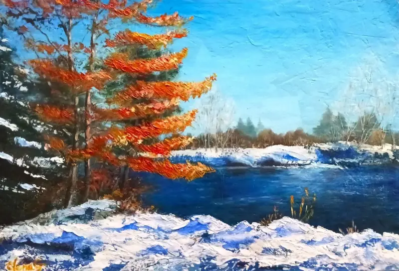  A vibrant, textured landscape oil painting by Elena G. titled March in Ontario, featuring a bright blue flowing river, thick melting snow on the banks, and a prominent evergreen tree with warm orange-brown needles against a clear blue sky.