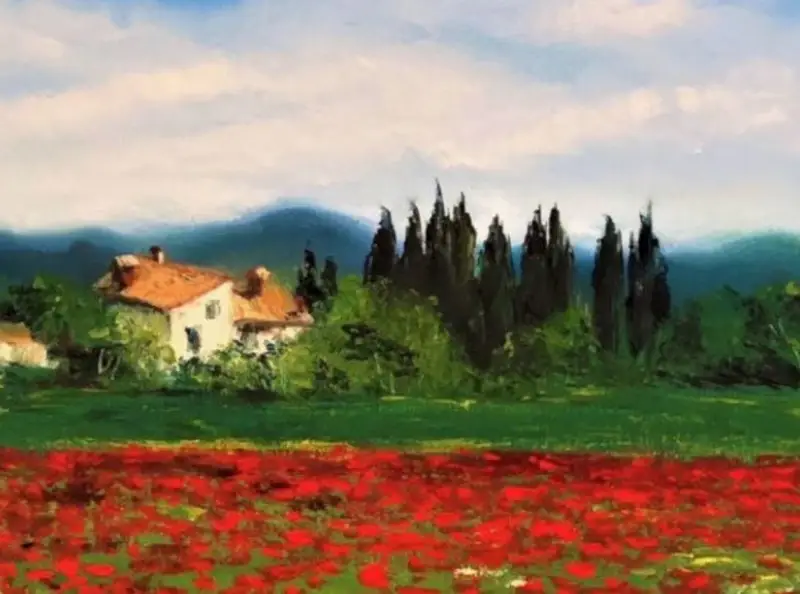 The fragment of an oil painting of a rustic white Italian villa nestled among pyramidal poplars was made by ElenaG.