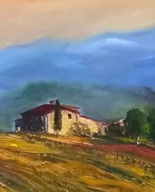 The snippet of the close-up of the original oil painting "Tuscany in September" with  a picturesque Tuscan villa and chapel set among golden fields with blue mountains and an orange sunset.