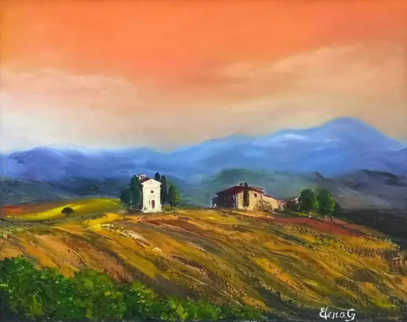 Original oil painting "Tuscany in September" by ElenaG showcasing a picturesque Tuscan villa and chapel set among golden fields with blue mountains and an orange sunset.