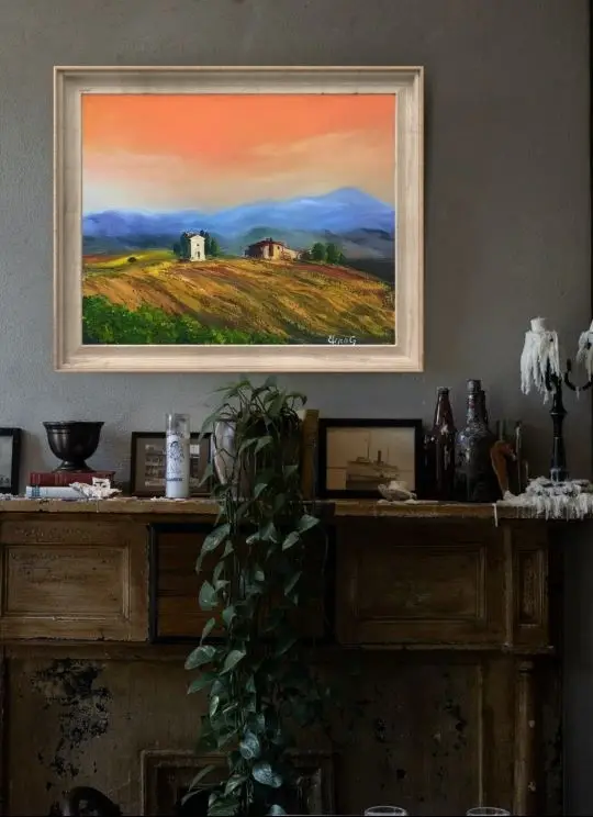 The original oil painting "Tuscany in September" by ElenaG features a picturesque Tuscan villa in a certain interior.