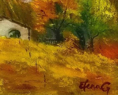 Oil painting of an Italian villa nestled among rolling golden vineyards and autumn trees in Tuscany, with the signature of ElenaG.