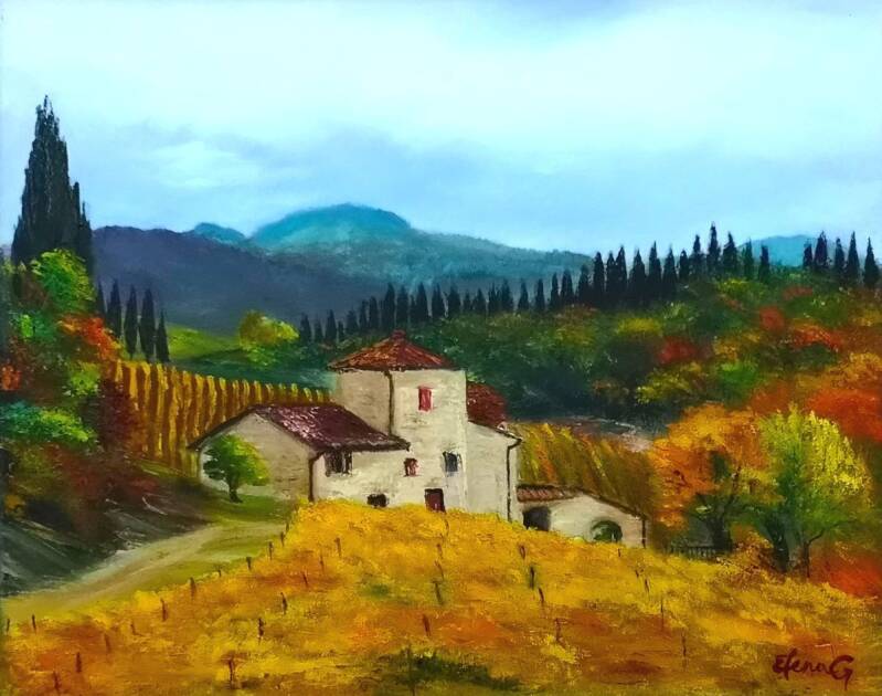 An oil painting of a rustic white Italian villa nestled among rolling golden vineyards and autumn trees in Tuscany, with distant green mountains under a soft blue sky.