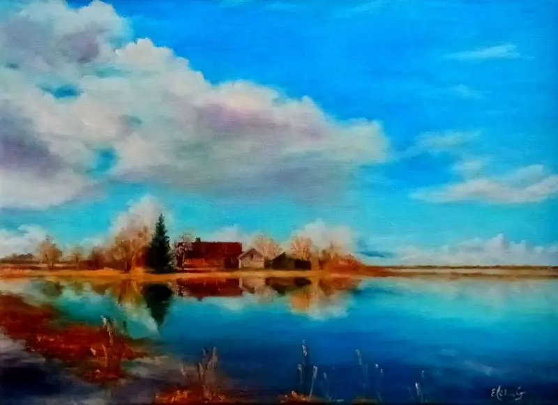Original oil painting by Elena Gaevskaya.,depicted spring flood in bright blue colours.
