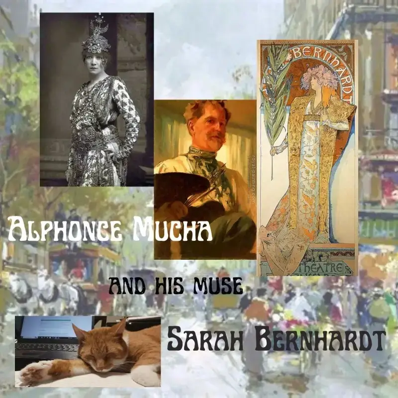 Collage with photo of Sarah Berngardt, Alphons Mucha with his poster.