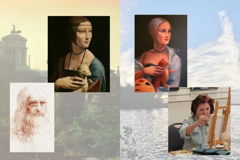 Against the backdrop of the era of Roma Da Vinci are his portrait and his famous painting, The Lady with an Ermine, and also the portrait of Elena with her interpretation of that artwork.