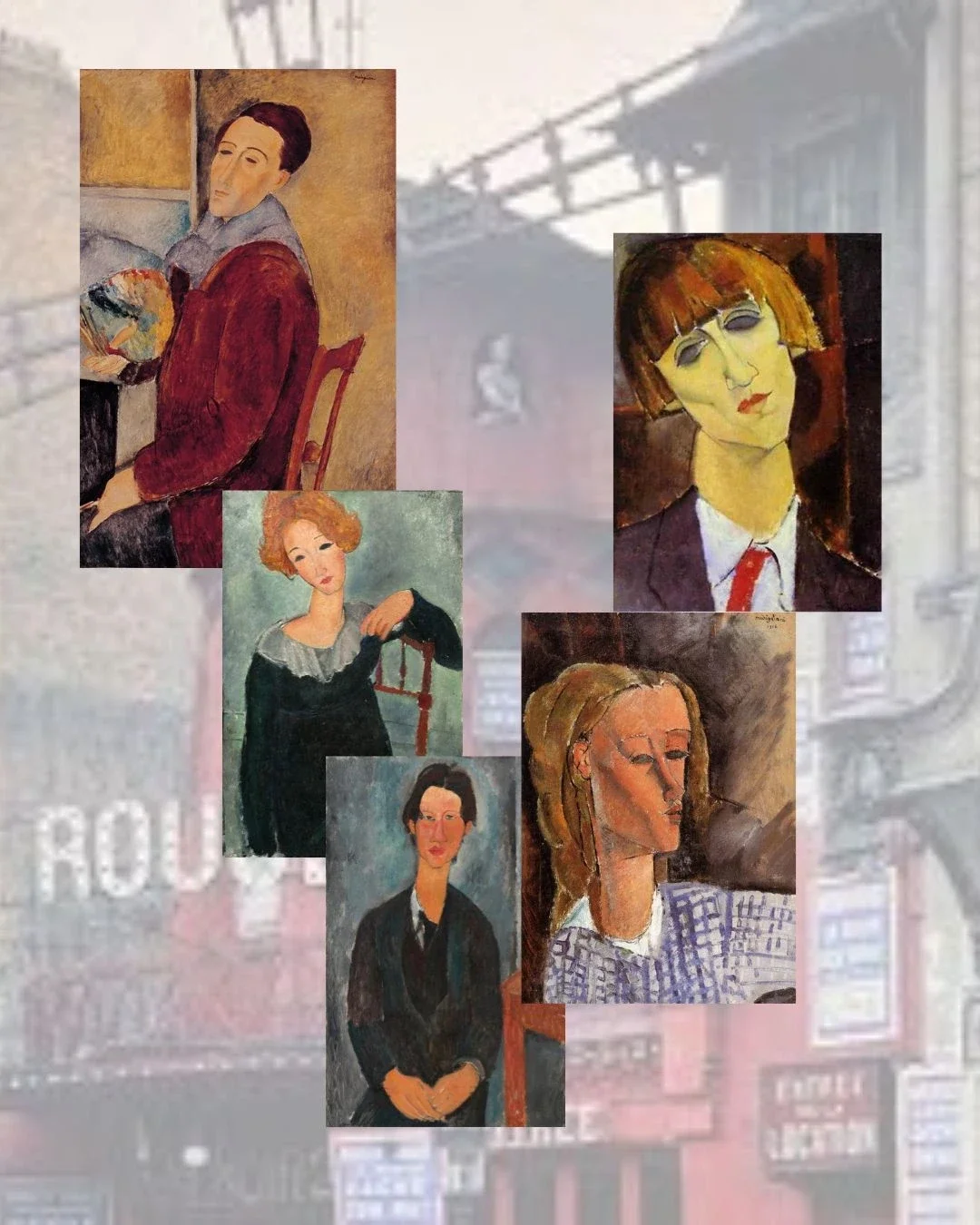 Set against Montmartre Modigliani's artworks from Portraits serias.