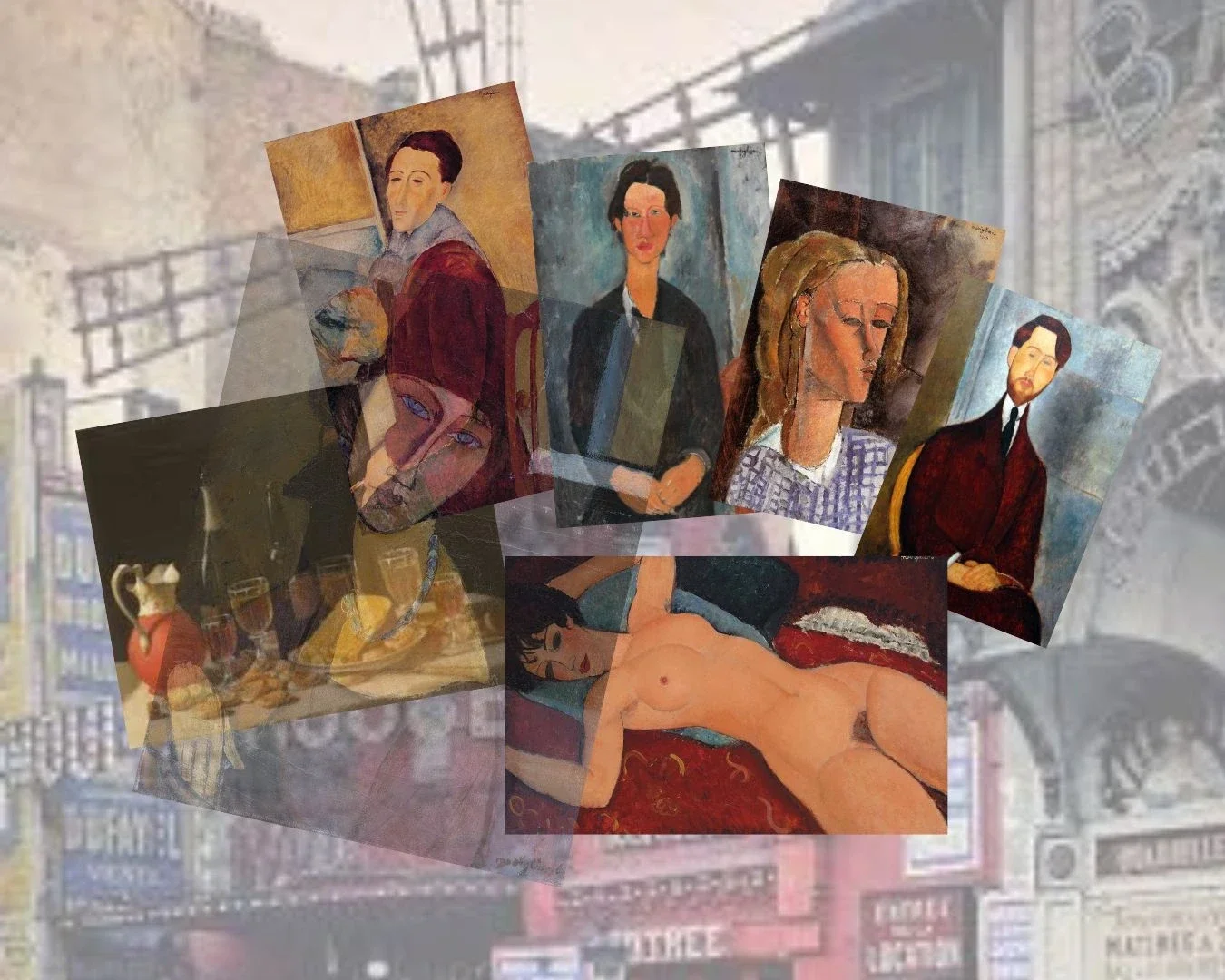 Set against Moulin Rouge Modigliani's artworks from portraits serias and still life with wine.