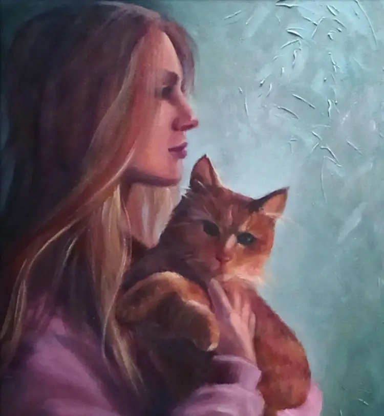 The close-up of the original painting with young womah and ginger cat.