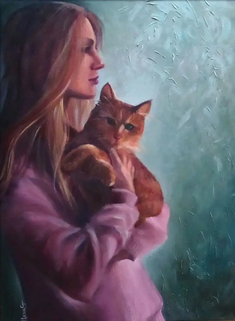 Original oil painting by Elena Gaevskaya A soft, expressive profile view of a woman tenderly cradling a fluffy ginger cat..