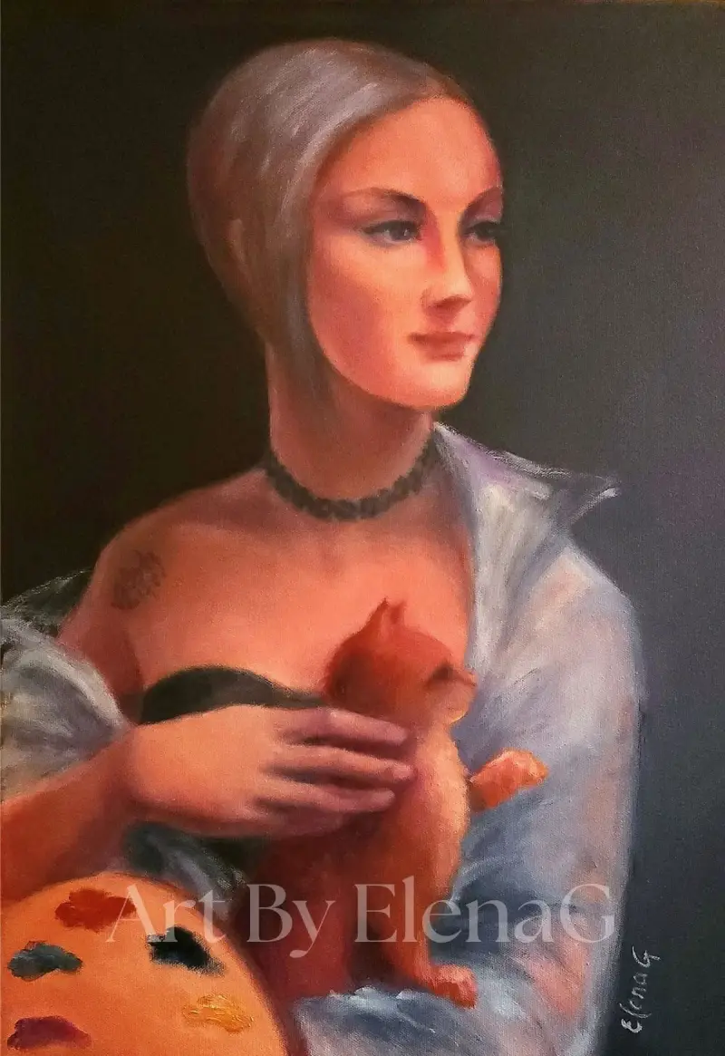 A fine art portrait oil painting of a serene woman with short silver-blonde hair holding a small ginger kitten, with a classic artist's paint palette visible in the foreground.