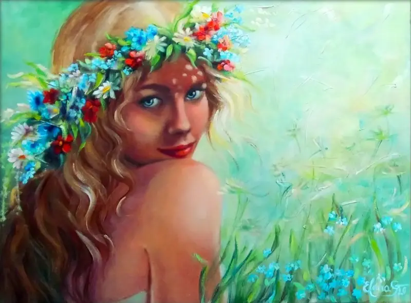 Original oil painting by Elena Gaevskaya with young woman in the summer field