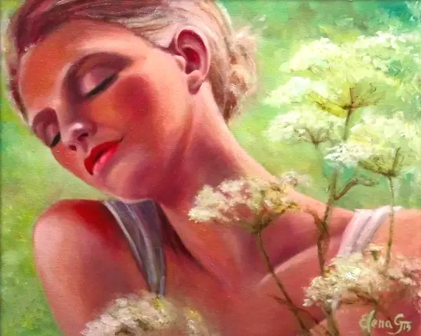Original oil portrait painting "Heat" by ElenaG featuring a serene woman with eyes closed surrounded by delicate white wildflowers against a soft green summer background.