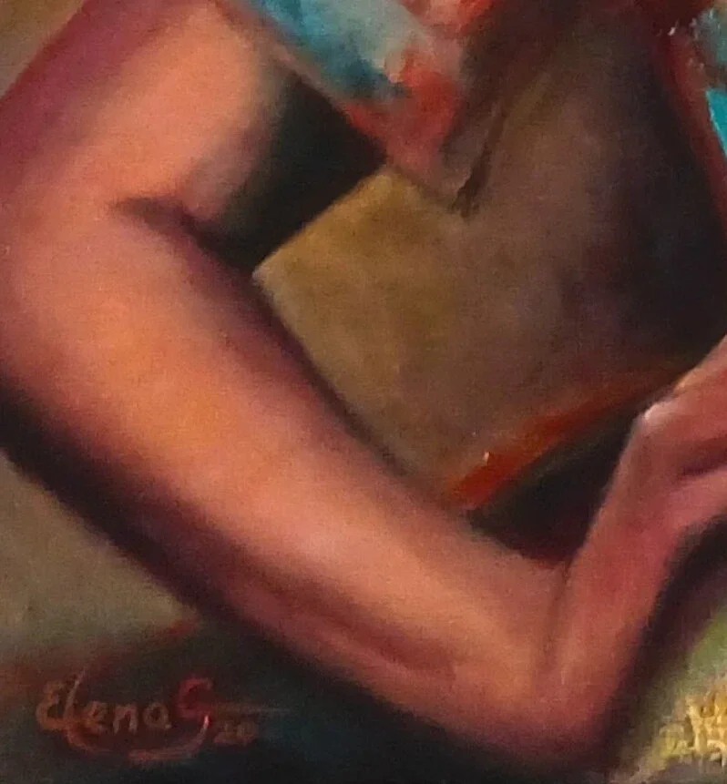 The fragment with artist's signature of oil painting ''Paradise Birds,'' by ElenaG