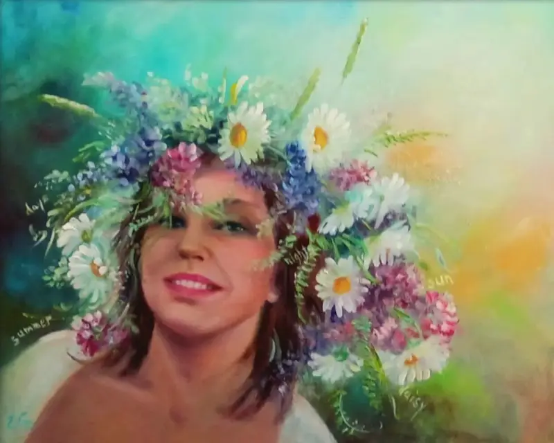 Original oil painting "Summer Secrets" by artist ElenaG showing a smiling woman wearing a full crown wreath of fresh summer wildflowers, including daisies and clover.