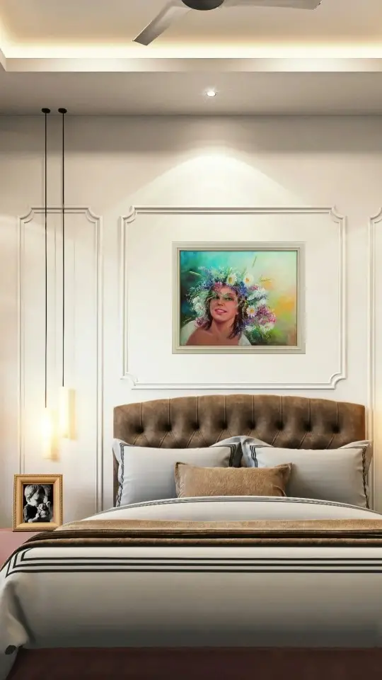 Original oil painting "Summer Secrets" by artist ElenaG in a certain interior in beige tones.