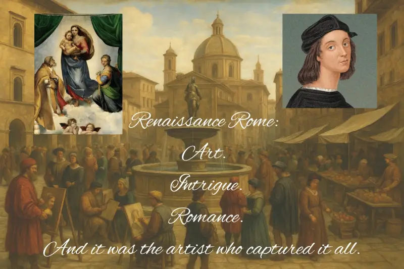 Against the backdrop of a Roman landscape is a portrait of Raphael, his famous Sistine Madonna, and images of scenes of Rome's life in those years.