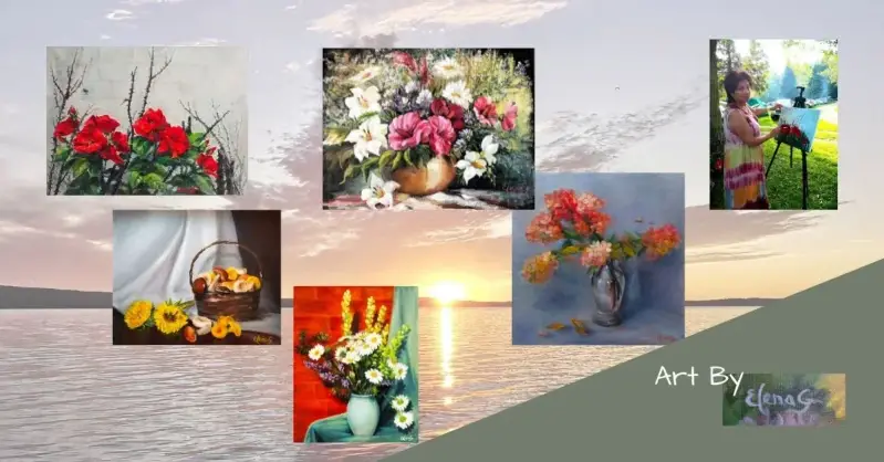 Set against the lake view are the oil paintings in the still life genre by ElenaG with her photo.