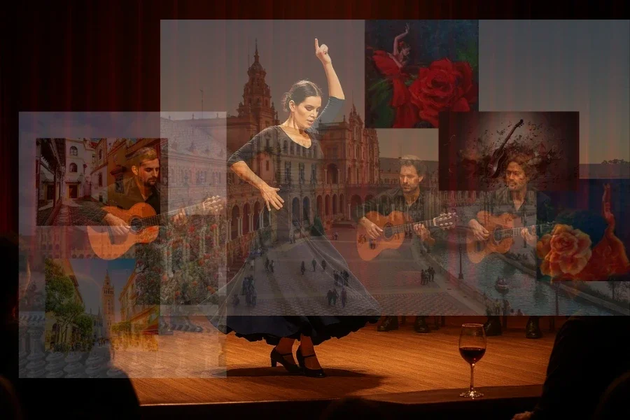 Collage where the flamenco dancer is on the stage with three guitarists and original paintings by ElenaG.