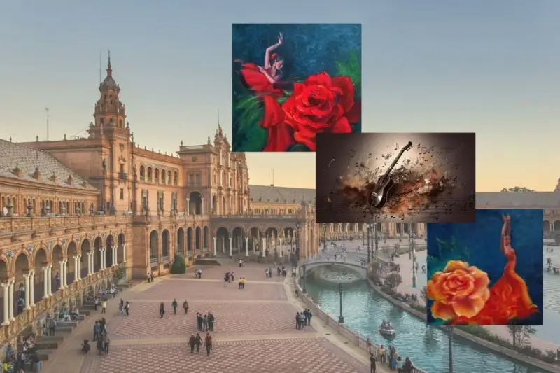 Original (Flamenco series) oil paintings by Elena Gaevskaya. The background is one of Seville's squares.