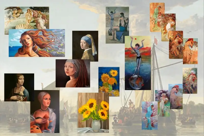 Set against a sailboat in mid-century are artworks by Old Masters that enter into dialogue with modern paintings by ElenaG.