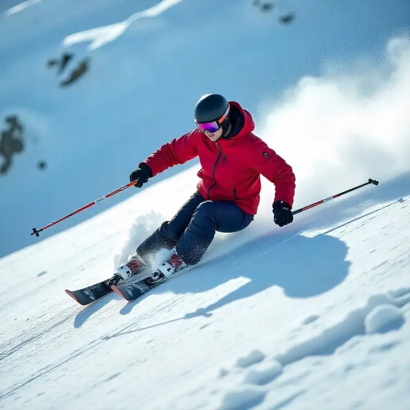 On a mountainside, a skier in a red coat moves as swiftly as the wind. 