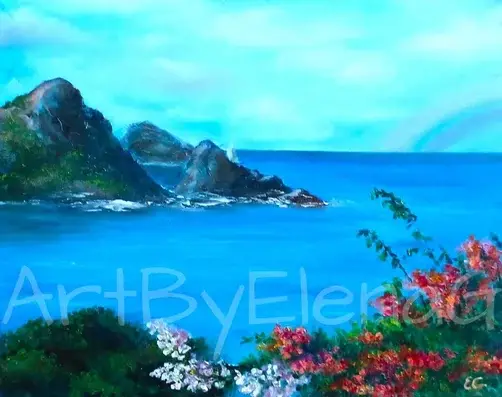 Original oil painting by Elena Gaevskaya. There is a dark blue ocean, a light blue sky, red bushes on the slope, and dark hills far away.