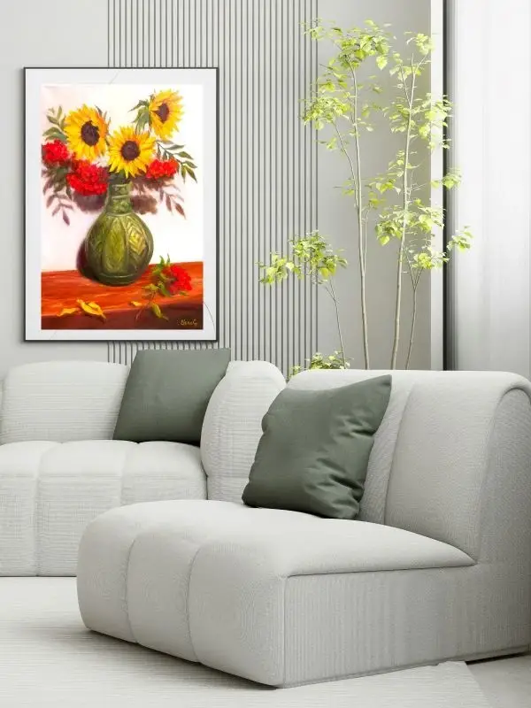 The painting depicts a bright floral still life in the neutral colouristic interior.