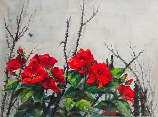 The fesh red flowerswith a bright green leaves are rising on the grey brick wall  and old black torns with spyder try to stop them.