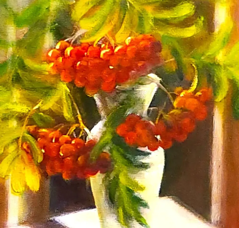 A close-up of the textured oil painting of red berries and green autumn leaves in a vase on a table lit by a dramatic, sharp beam of bright sunlight.