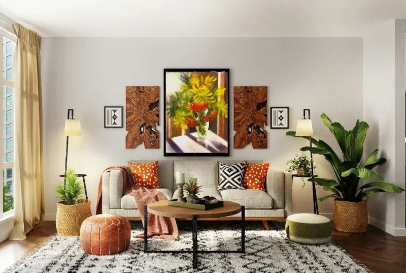 A  textured oil painting of red berries and green autumn leaves in a vase on a table lit by bright sunlight in the interior.