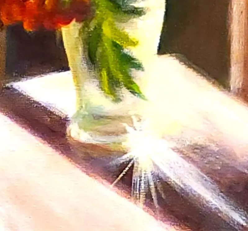 A snippet of the textured oil painting of red berries and green autumn leaves in a vase on a table lit by a dramatic, sharp beam of bright sunlight.