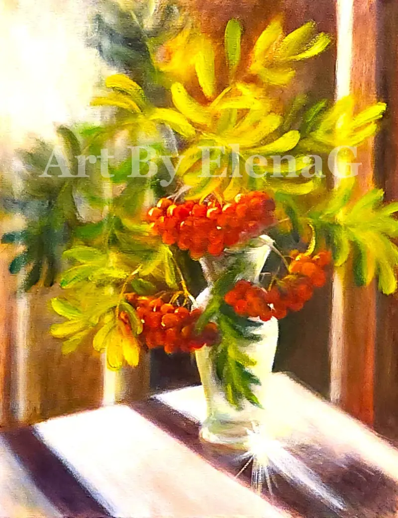 A textured oil painting of red berries and green autumn leaves in a vase on a table lit by a dramatic, sharp beam of bright sunlight.