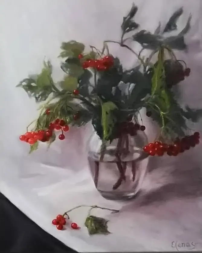 Original oil painting by Elena Gaevskaya. with branches of red rowan and dark green leaves in the glass vase.
