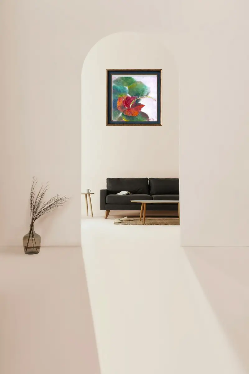 Colourful floral still-life painting by ElenaG in the pale beige interior.  