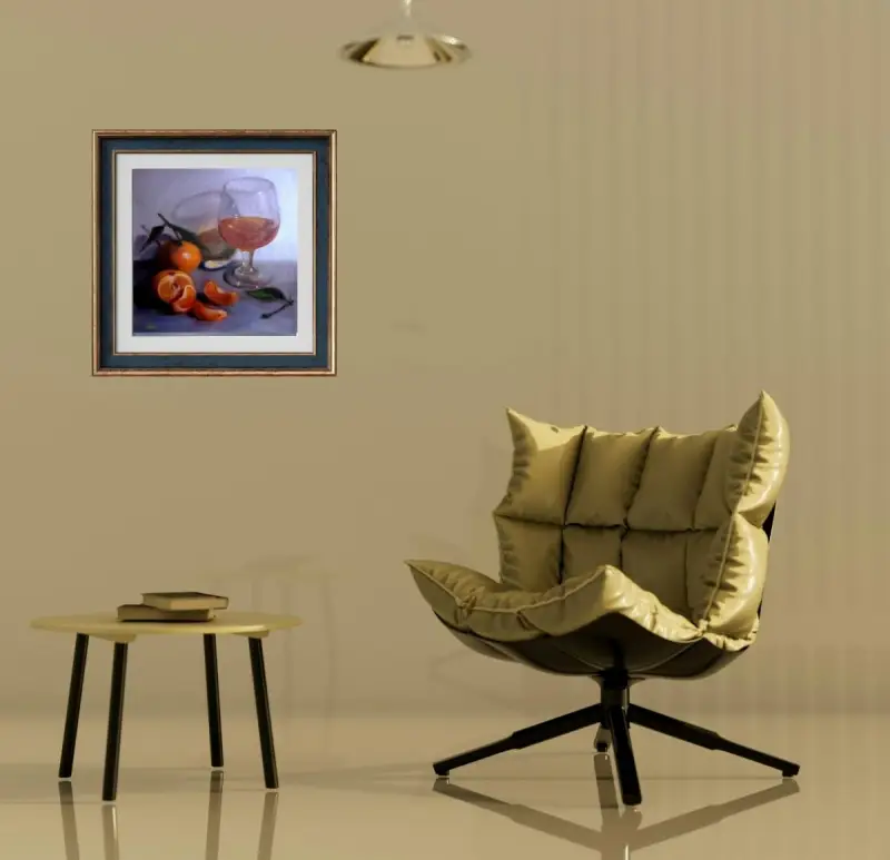 Still life with mandarins and a glass of cognac by ElenaG in a minimalistic interior in a golden font.