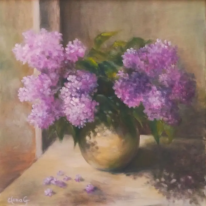 Original oil painting by Elena G is a different hues lilac in the ceramic vase.
