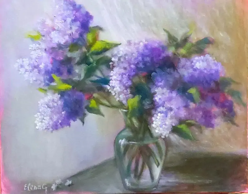 A soft impressionist oil painting displaying a dense arrangement of purple and violet lilac blossoms inside a clear glass vase.