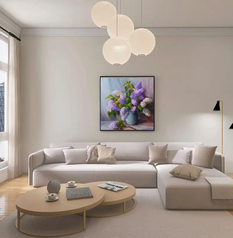 Original oil painting by Elena Gaevskaya titled 'My Lovely Lilac' in the interior..