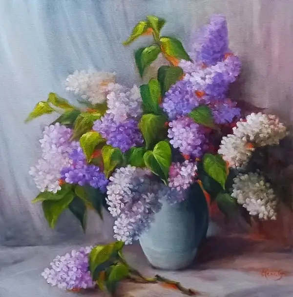 Original oil paintings by Elena Gaevskaya with juisy multicolored bouquet of lilac.