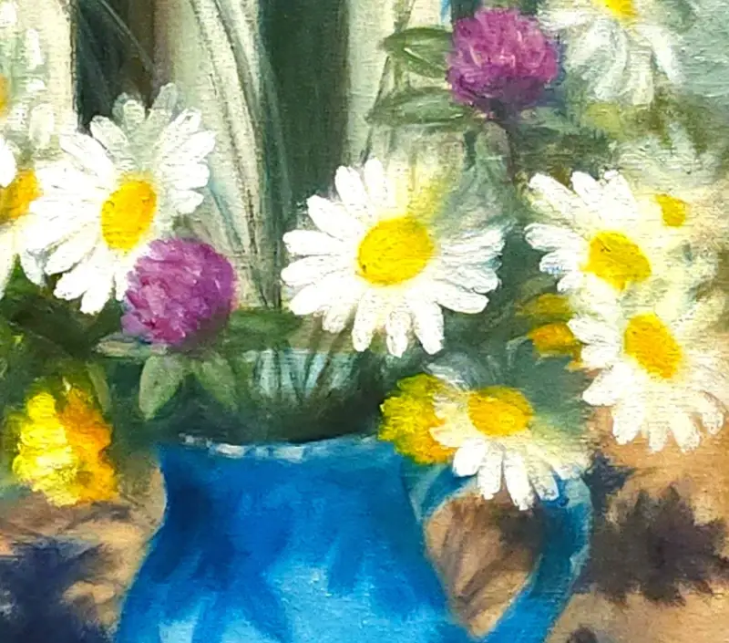 The close-up of an oil painting of white daisies and purple clover wildflowers arranged in a bright blue ceramic jug by ElenaG.