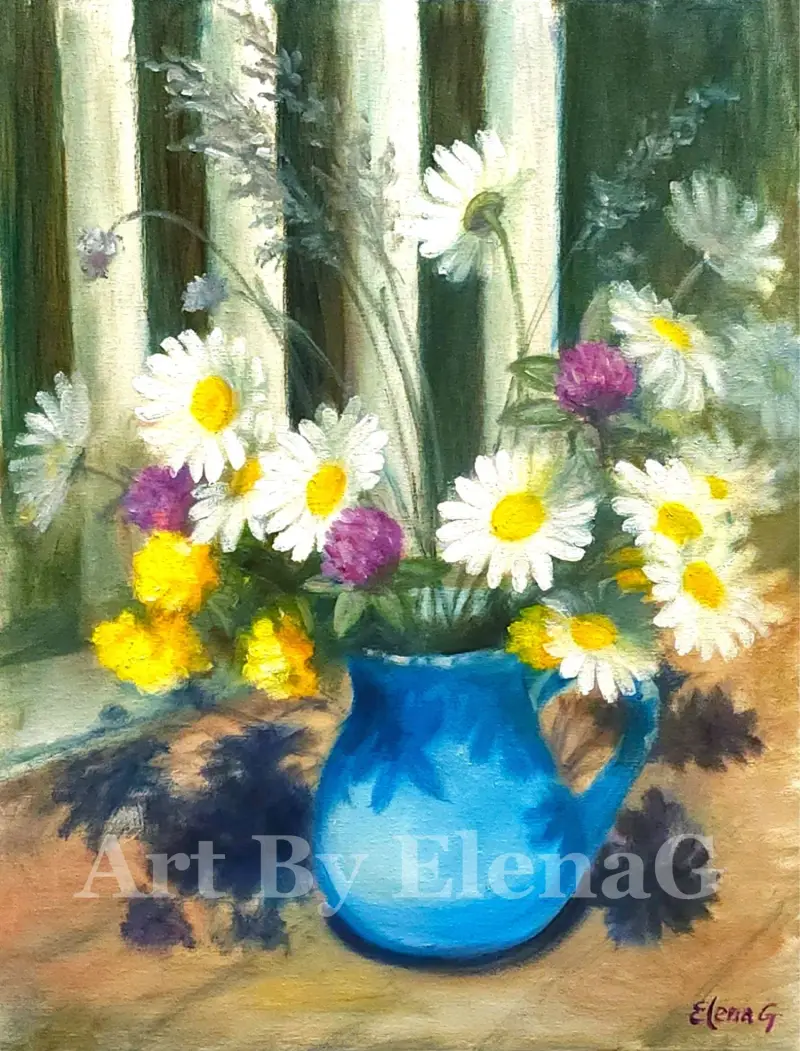 An oil painting of white daisies and purple clover wildflowers arranged in a bright blue ceramic jug, casting prominent dark shadows.