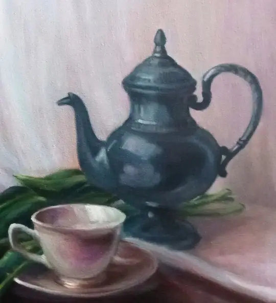 The snippet of the close-up of the painting titled "Romantic Morning'' by ElenaG with a black teapot and rose china cap.