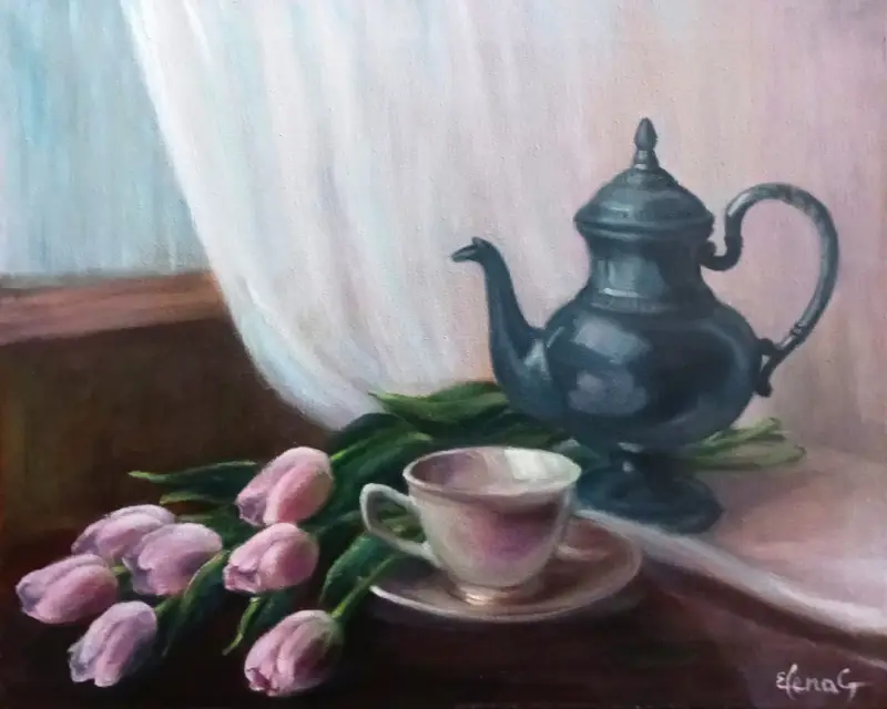  An oil painting by ElenaG with an antique dark metal tea set next to a spilled bouquet of pink tulips on a dark table by a draped window.