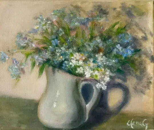 A detailed oil-on-canvas painting by ElenaG of a soft cluster of blue-and-white forget-me-nots in a white ceramic jug, with a prominent side shadow.