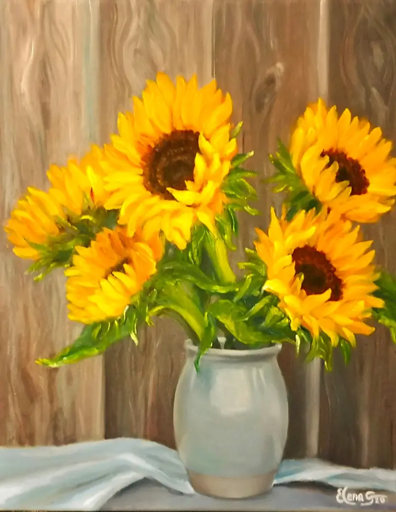 Original oil painting by Elena Gaevskaya with bright yellow sunflwers in the grey ceramic vase.