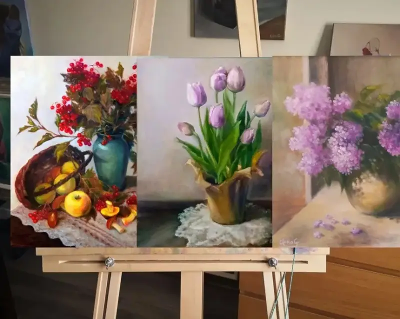 Three of ElenaG's still life paintings show lilacs, tulips, and fall-themed items like a basket of apples, mushrooms, and rowan berries.