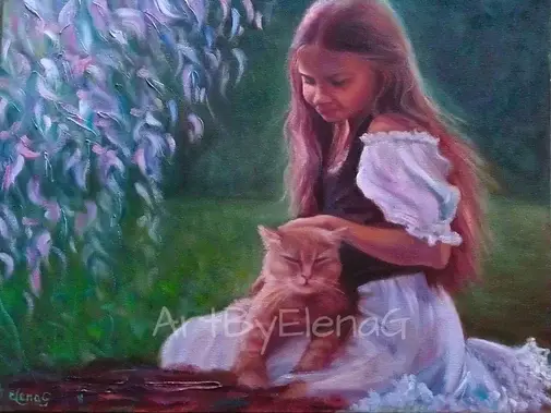 Original oil painting by Elena Gaevskaya. A young girl and a ginger cat are happily sitting on a log in the garden.